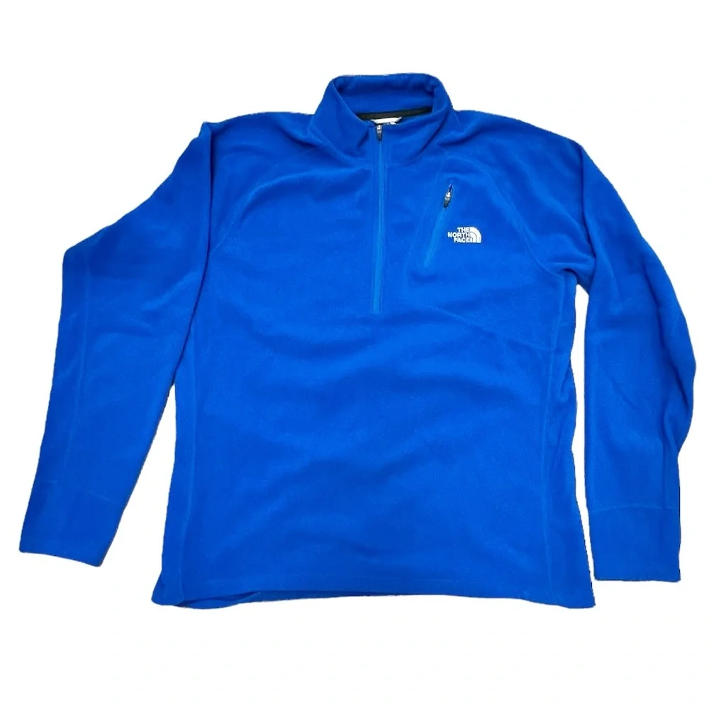 THE NORTH FACE BLUE FLEECE QUARTER ZIP PULLOVER W ZIP CHEST POCKET & THUMBHOLES